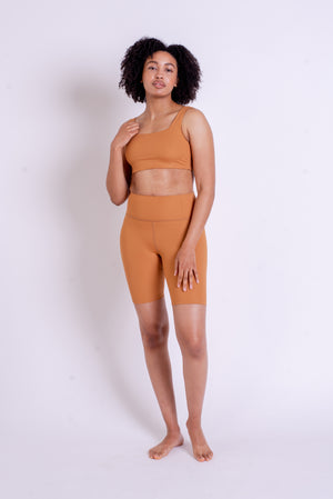 Girlfriend Collective High Rise Rib Bike Short in Toffee